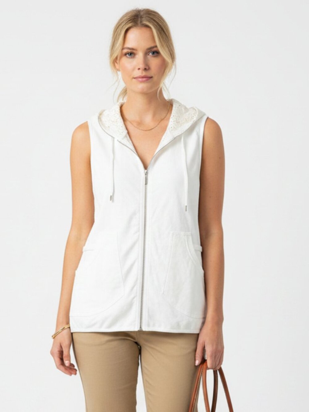 Mur Mur Anthropologie Ivory Sleeveless Lace Trim Zip Up Hoody Vest Top M